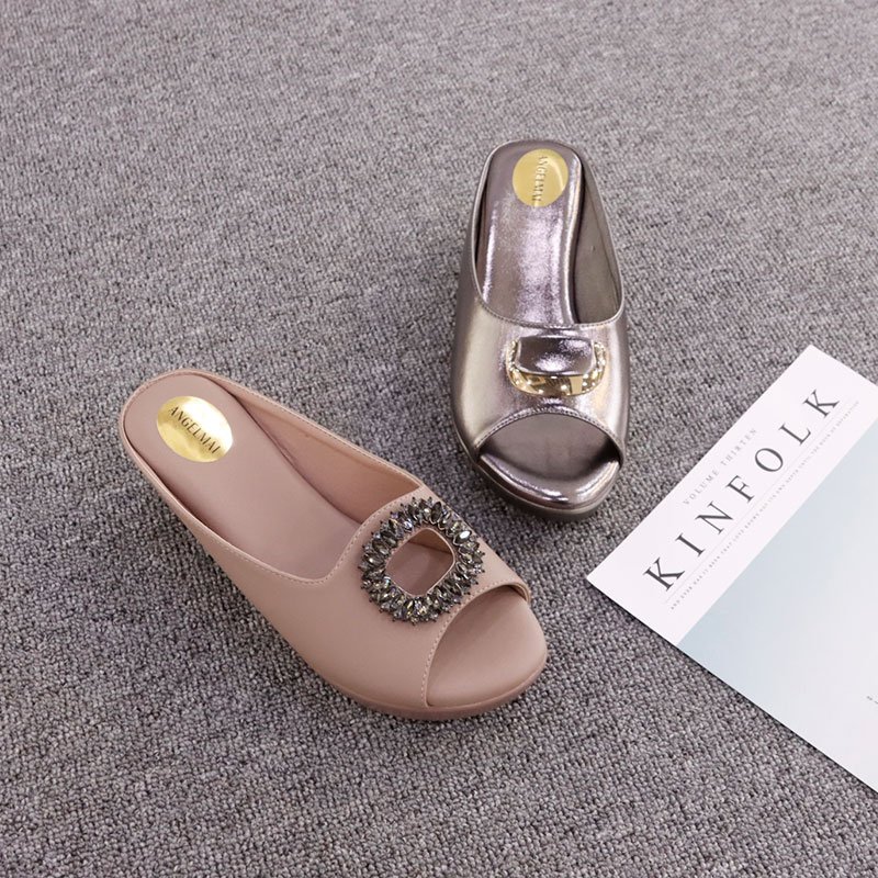 New fashion chunky wedge women sandals diamond buckles soft cozy ladies slippers shoe wedges slides sandals for ladies