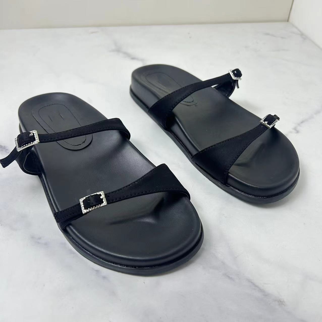 Silks and Satins Famous ZA Shoes 2024 Summer Thick Flat Slides Slippers Black Outdoor Casual Beach Women's Shoes Large size 42