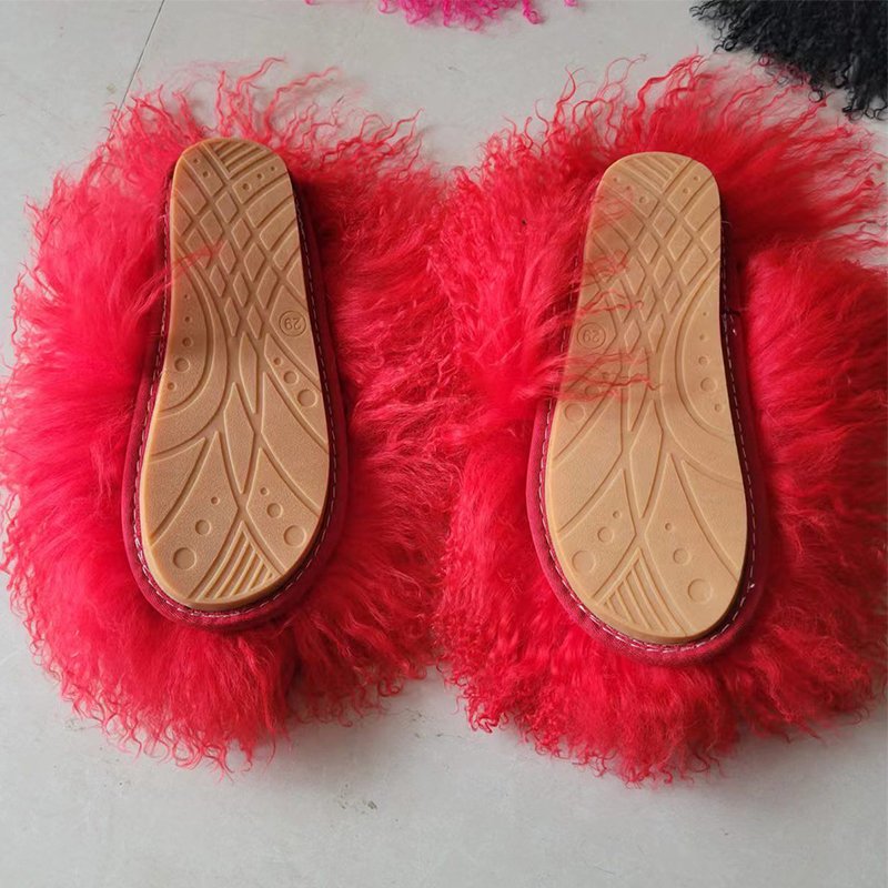 Wholesale Women's Long Fluffy Fur Slides Comfortable Home Mongolian Fur Slippers