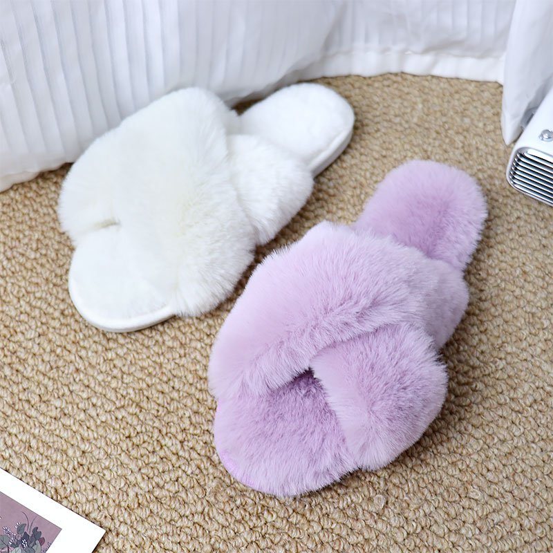 Cozy Open Toe Band Cross Slippers Winter Indoor Outdoor Home Ladies Fluffy Slides Plush Faux Fur Slippers for Women