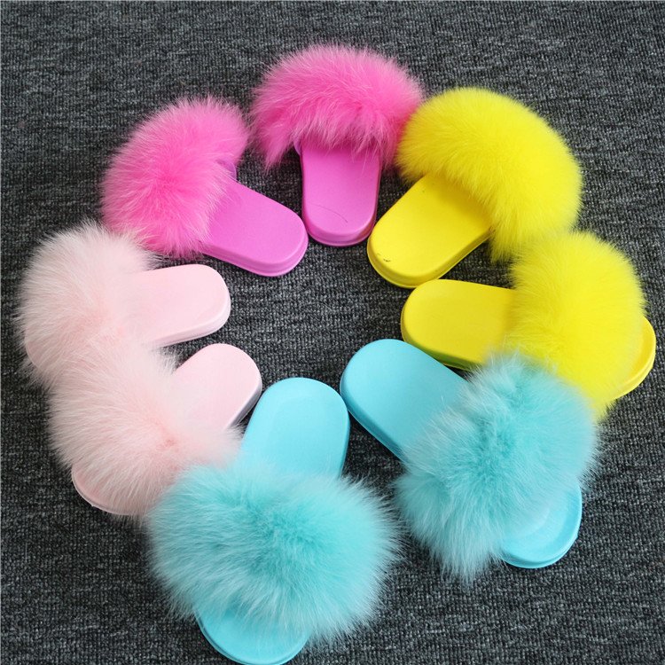 Wholesale Kids Cute Fur Lined Candy fox fur Soft Sandals Girls Cheap fur Slides Slippers