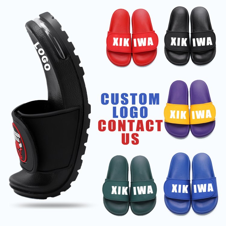 OEM Designer Custom Logo Pvc Rubber Slides Slippers Footwear Unisex Women Men Embossed Printed Black Slippers Slides With Logo
