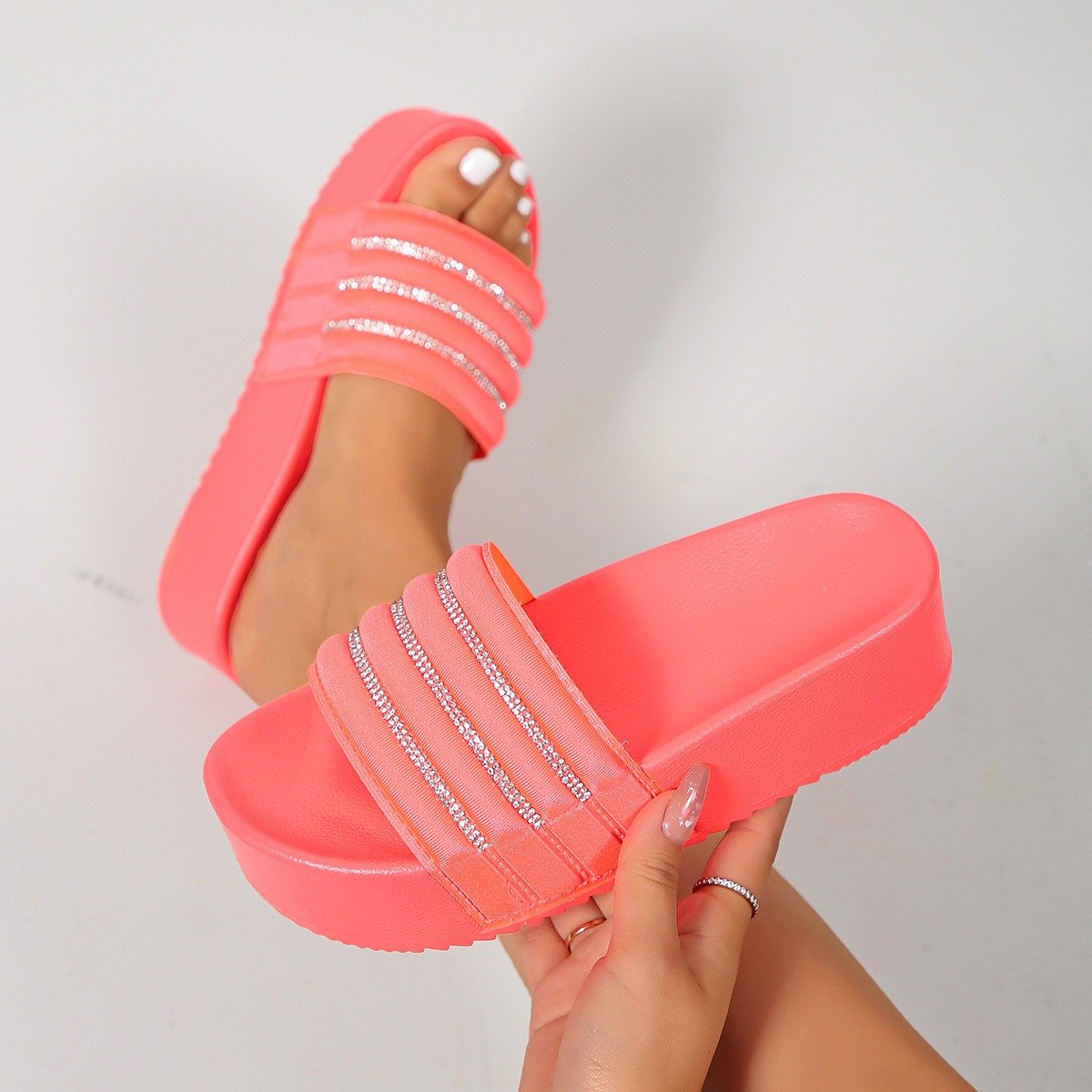 Rhinestone shining platform outdoor slides slipper shoes holiday winter beach women with sponge high heel