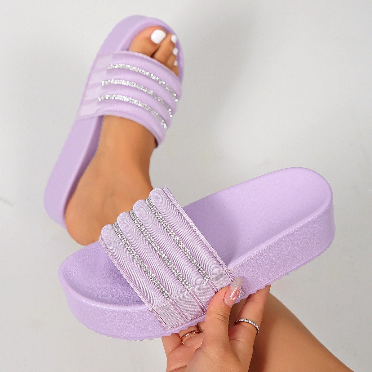 Rhinestone shining platform outdoor slides slipper shoes holiday winter beach women with sponge high heel