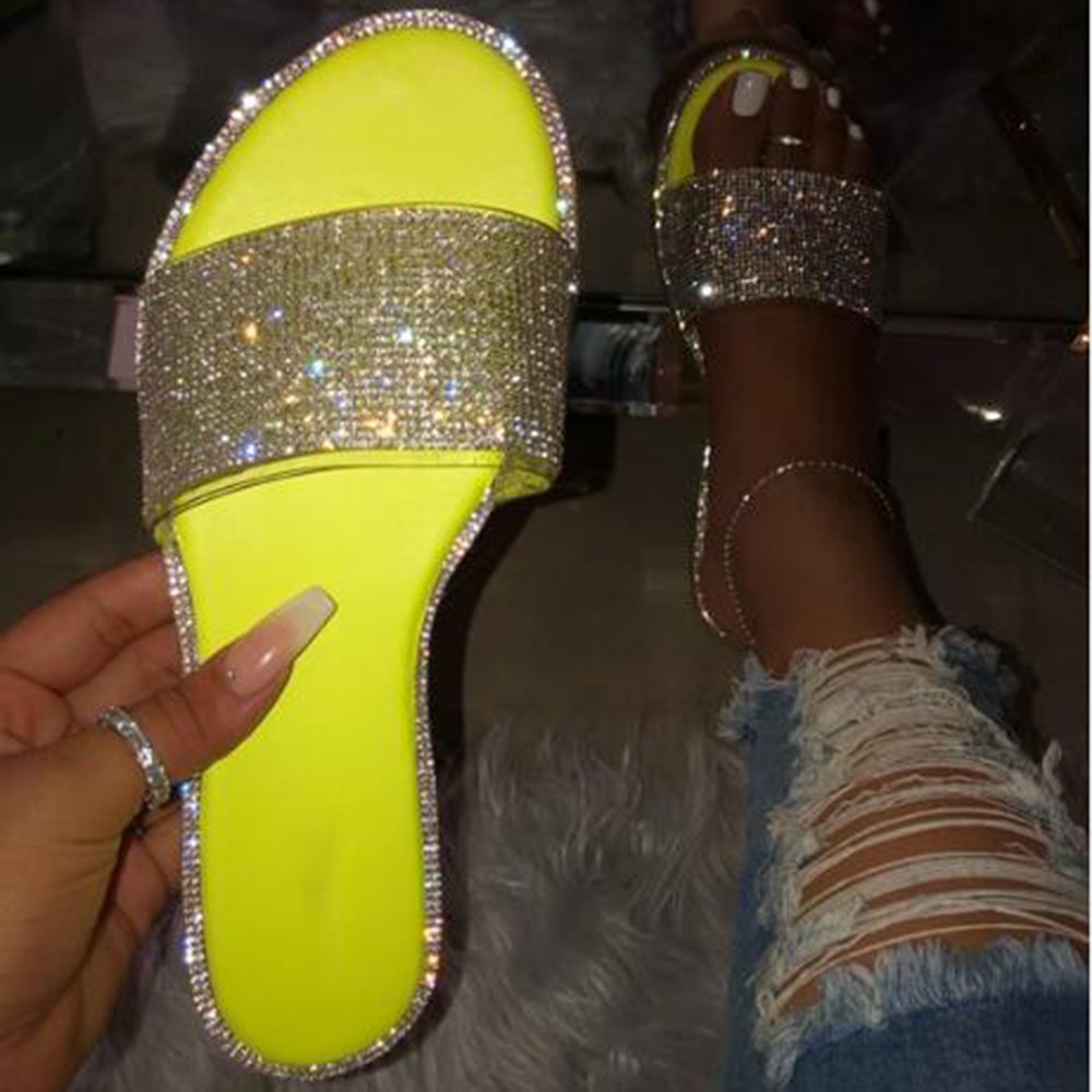 2022 hot sale New summer fashion rhinestone pvc lady flat slides diamond luxury women sandals women shiny shoes