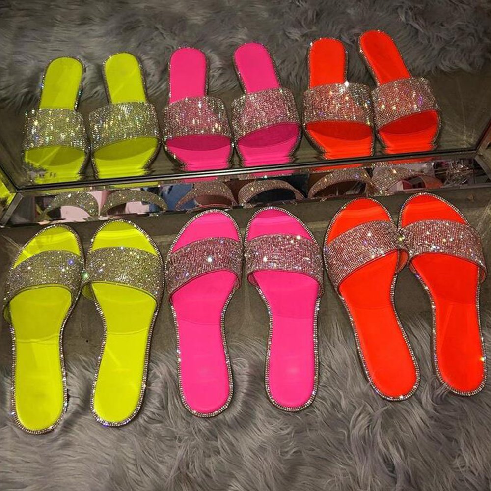 2022 hot sale New summer fashion rhinestone pvc lady flat slides diamond luxury women sandals women shiny shoes