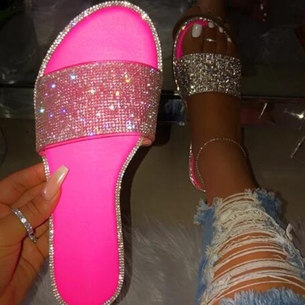 2022 hot sale New summer fashion rhinestone pvc lady flat slides diamond luxury women sandals women shiny shoes