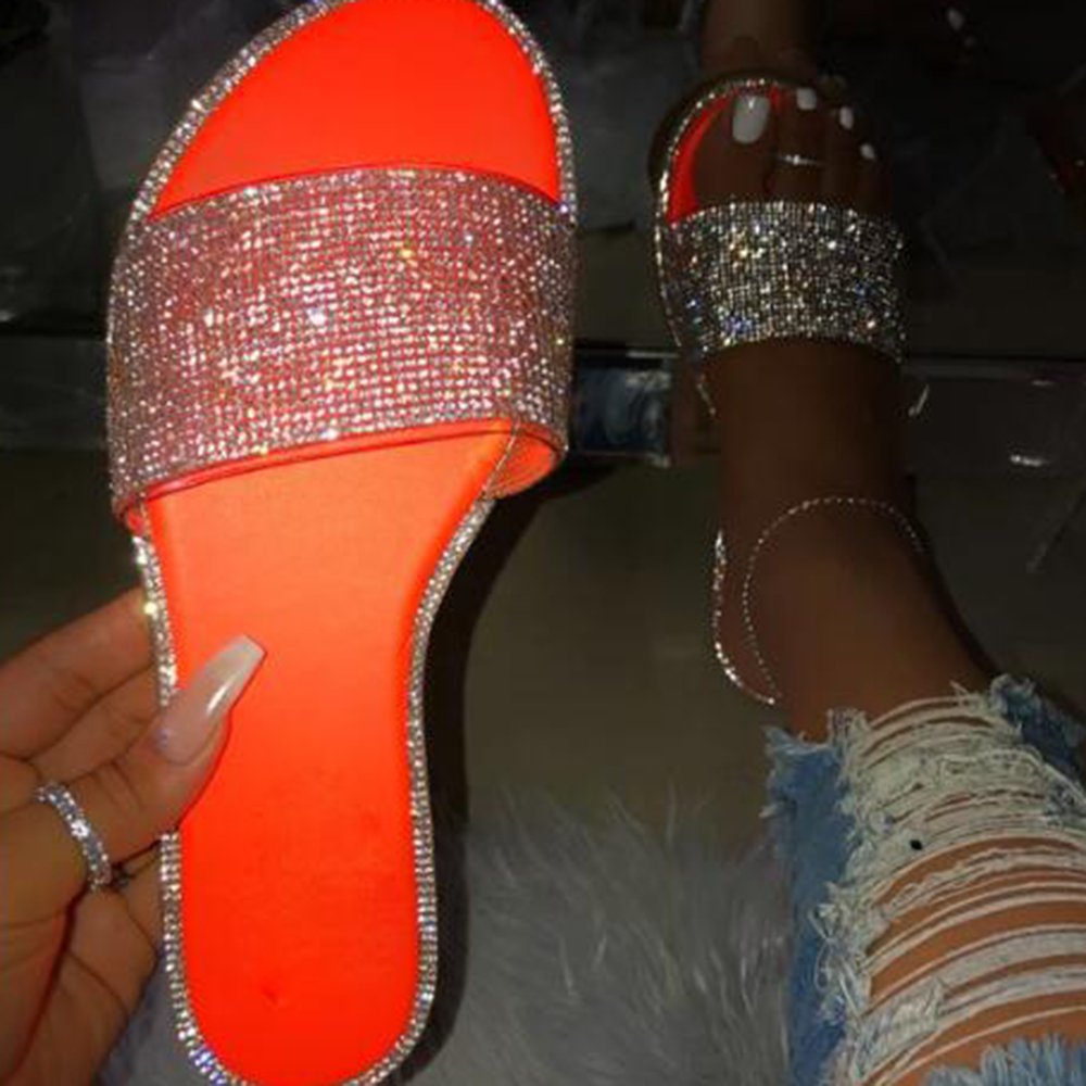2022 hot sale New summer fashion rhinestone pvc lady flat slides diamond luxury women sandals women shiny shoes