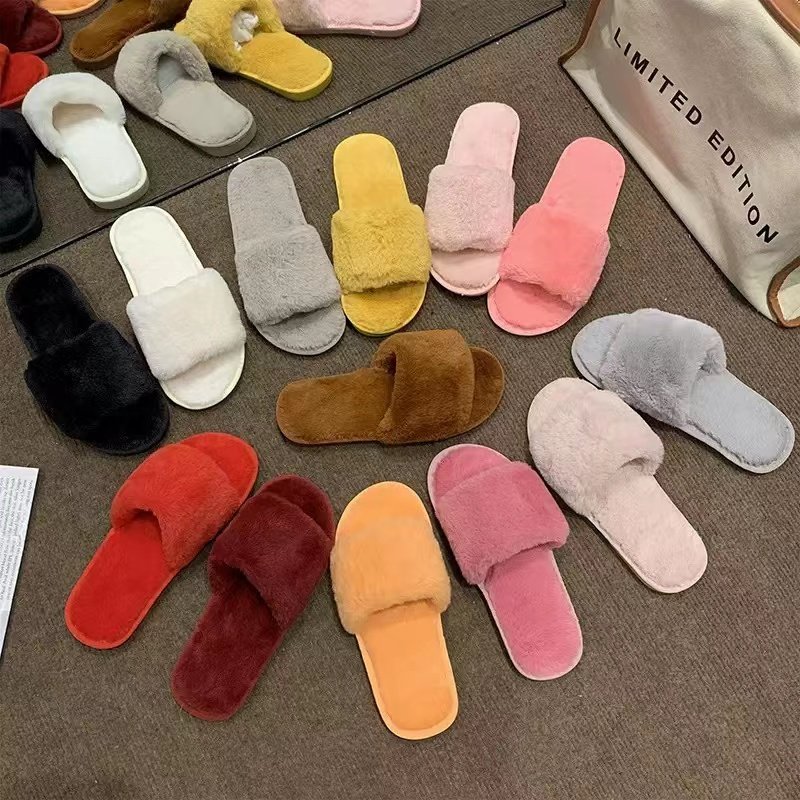 Fashion White Fur Soft Home Slippers Warm Mules TPR Sole Embroidery OEM Custom Slides With Logo Plash Ladies Slides slipper