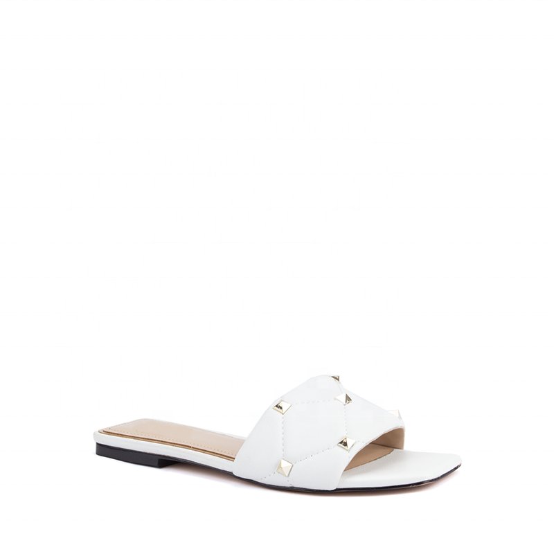 Custom Logo Ladies Nappa Leather Slides Flats Square Toe Low Heel Casual Women Flat Shoes with Shiny Rivet Summer Trending