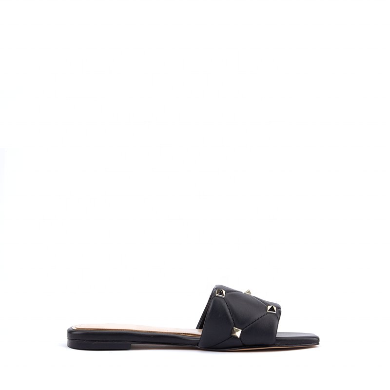 Custom Logo Ladies Nappa Leather Slides Flats Square Toe Low Heel Casual Women Flat Shoes with Shiny Rivet Summer Trending