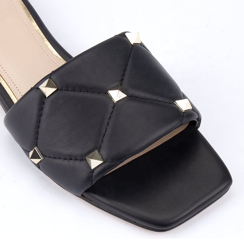 Custom Logo Ladies Nappa Leather Slides Flats Square Toe Low Heel Casual Women Flat Shoes with Shiny Rivet Summer Trending