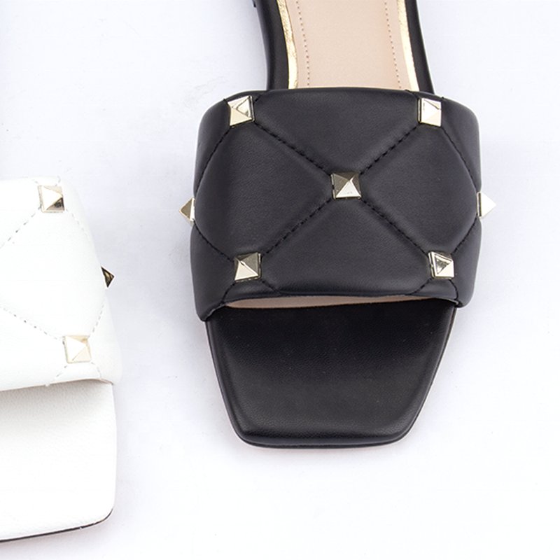 Custom Logo Ladies Nappa Leather Slides Flats Square Toe Low Heel Casual Women Flat Shoes with Shiny Rivet Summer Trending