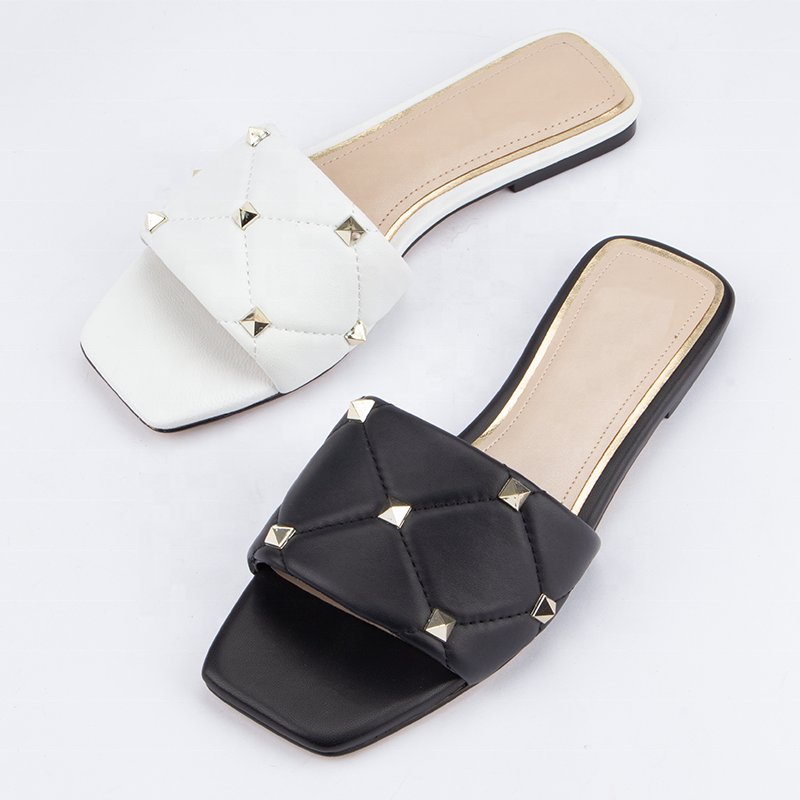 Custom Logo Ladies Nappa Leather Slides Flats Square Toe Low Heel Casual Women Flat Shoes with Shiny Rivet Summer Trending
