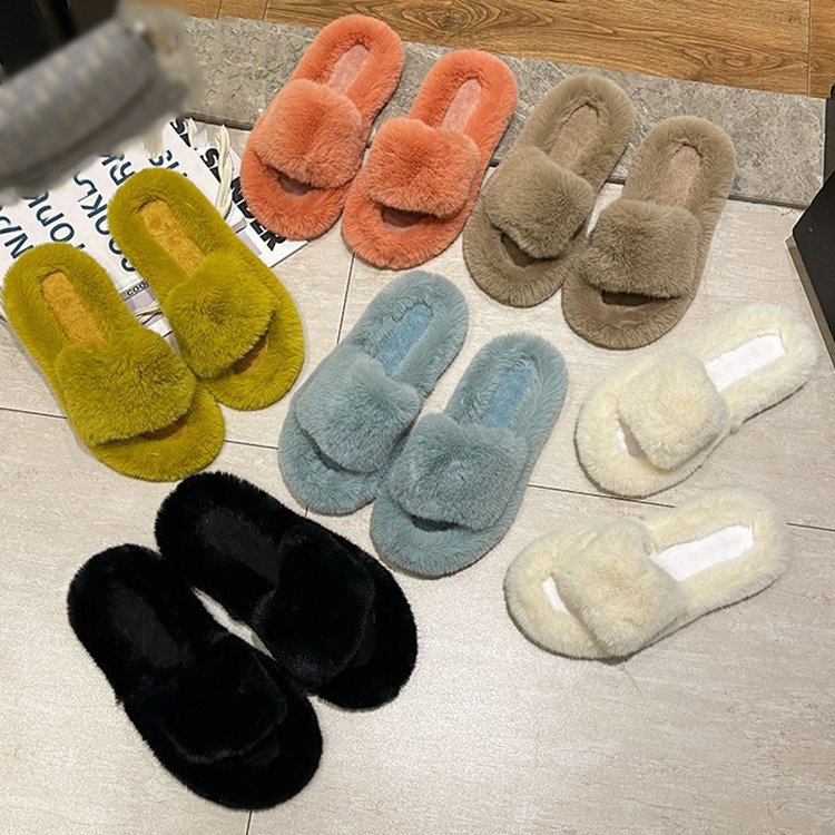 Custom Women's Fashion Soft Indoor Outdoor Fluffy Fur Slide Ladies Fuzzy Rabbit Fur Slippers for Women