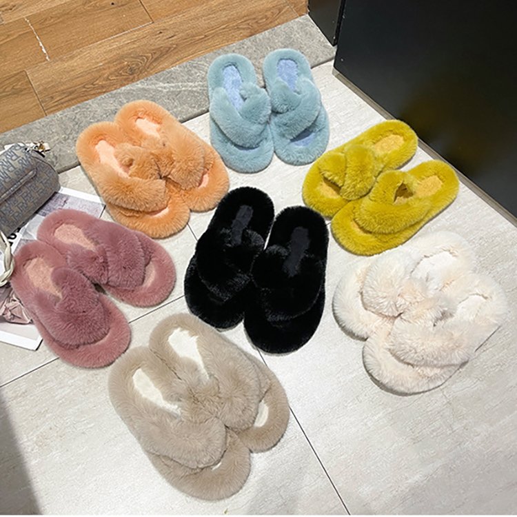 Custom Women's Fashion Soft Indoor Outdoor Fluffy Fur Slide Ladies Fuzzy Rabbit Fur Slippers for Women