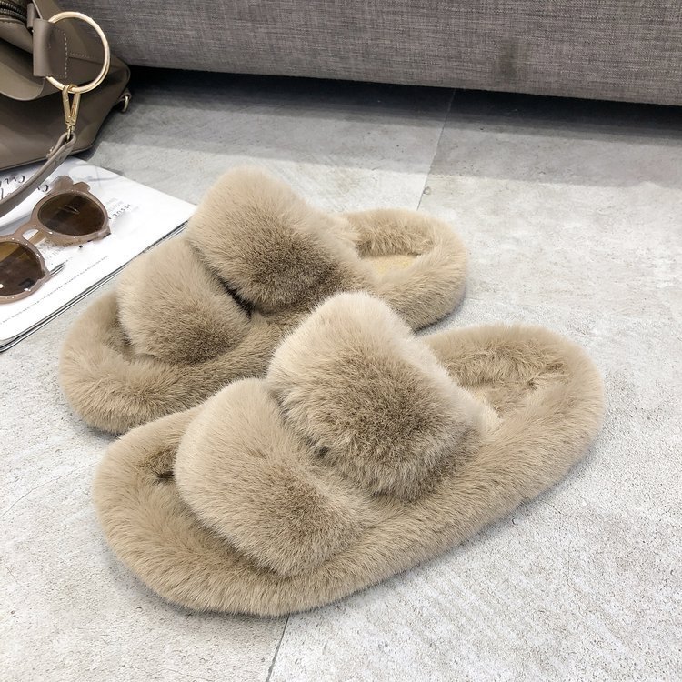 Custom Women's Fashion Soft Indoor Outdoor Fluffy Fur Slide Ladies Fuzzy Rabbit Fur Slippers for Women