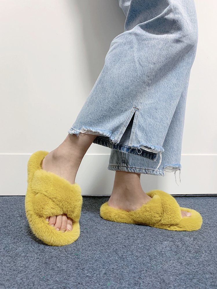 Custom Women's Fashion Soft Indoor Outdoor Fluffy Fur Slide Ladies Fuzzy Rabbit Fur Slippers for Women