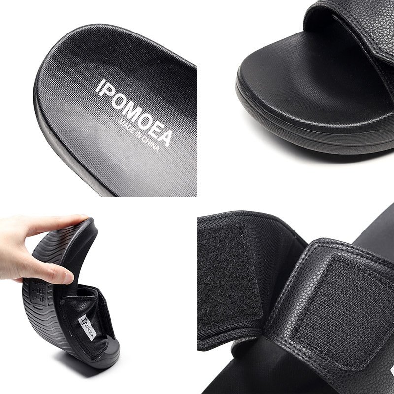 Custom Pool Sliders For Man Adjustable Strap Velcro PU Microfiber Leather Upper Slide Slippers Wholesale Designer Sandal