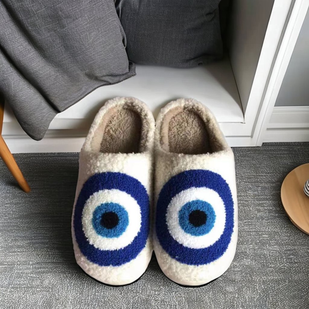 Dropshipping custom winter house slides,cute fluffy heart slippers,happy face slippers evil eye slippers