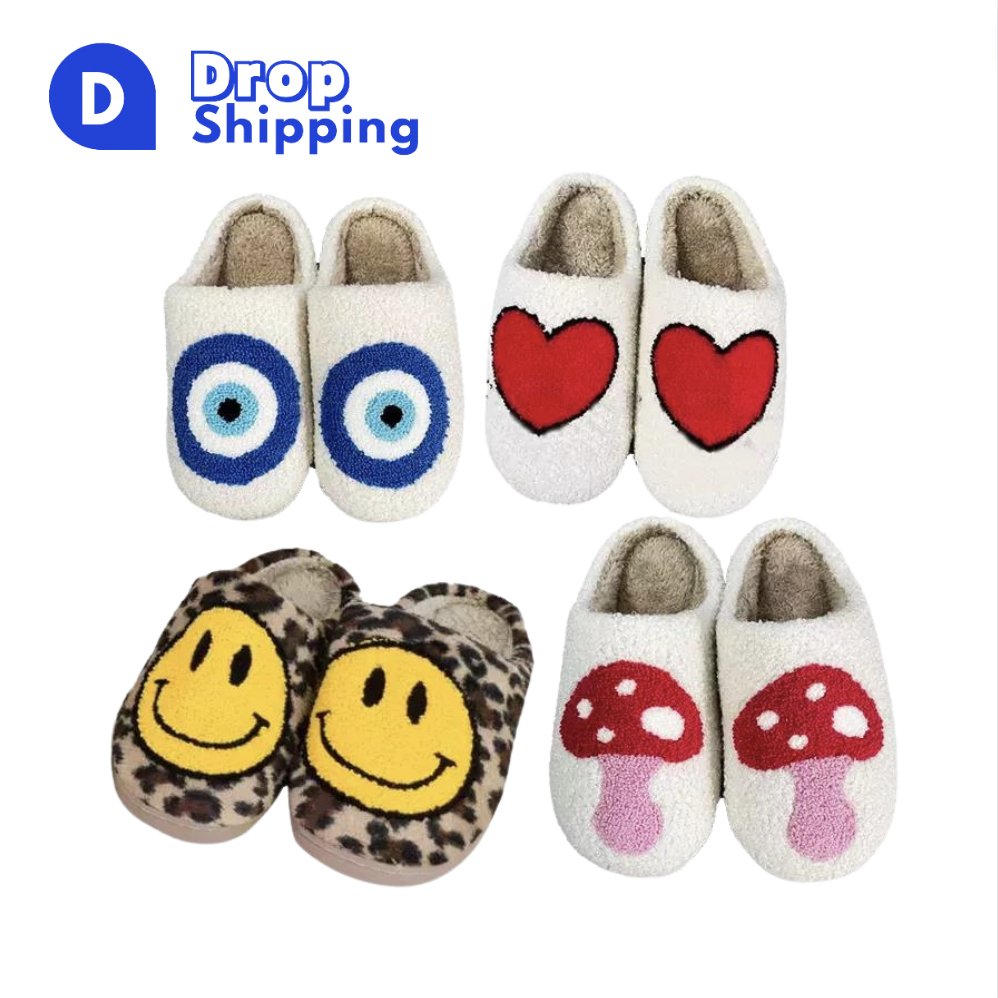 Dropshipping custom winter house slides,cute fluffy heart slippers,happy face slippers evil eye slippers