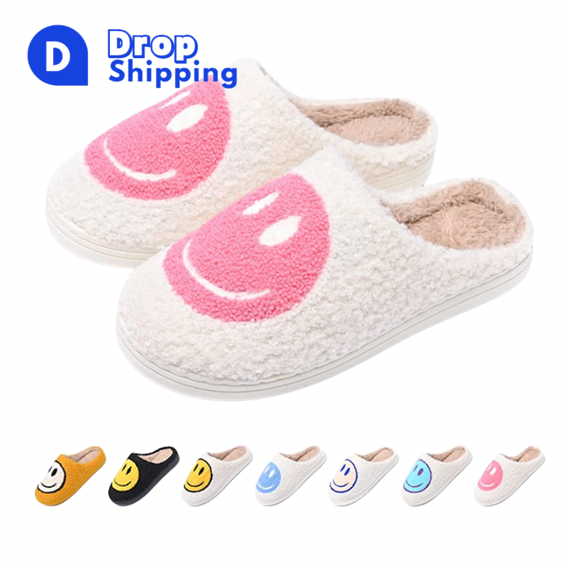Dropshipping custom winter house slides,cute fluffy heart slippers,happy face slippers evil eye slippers