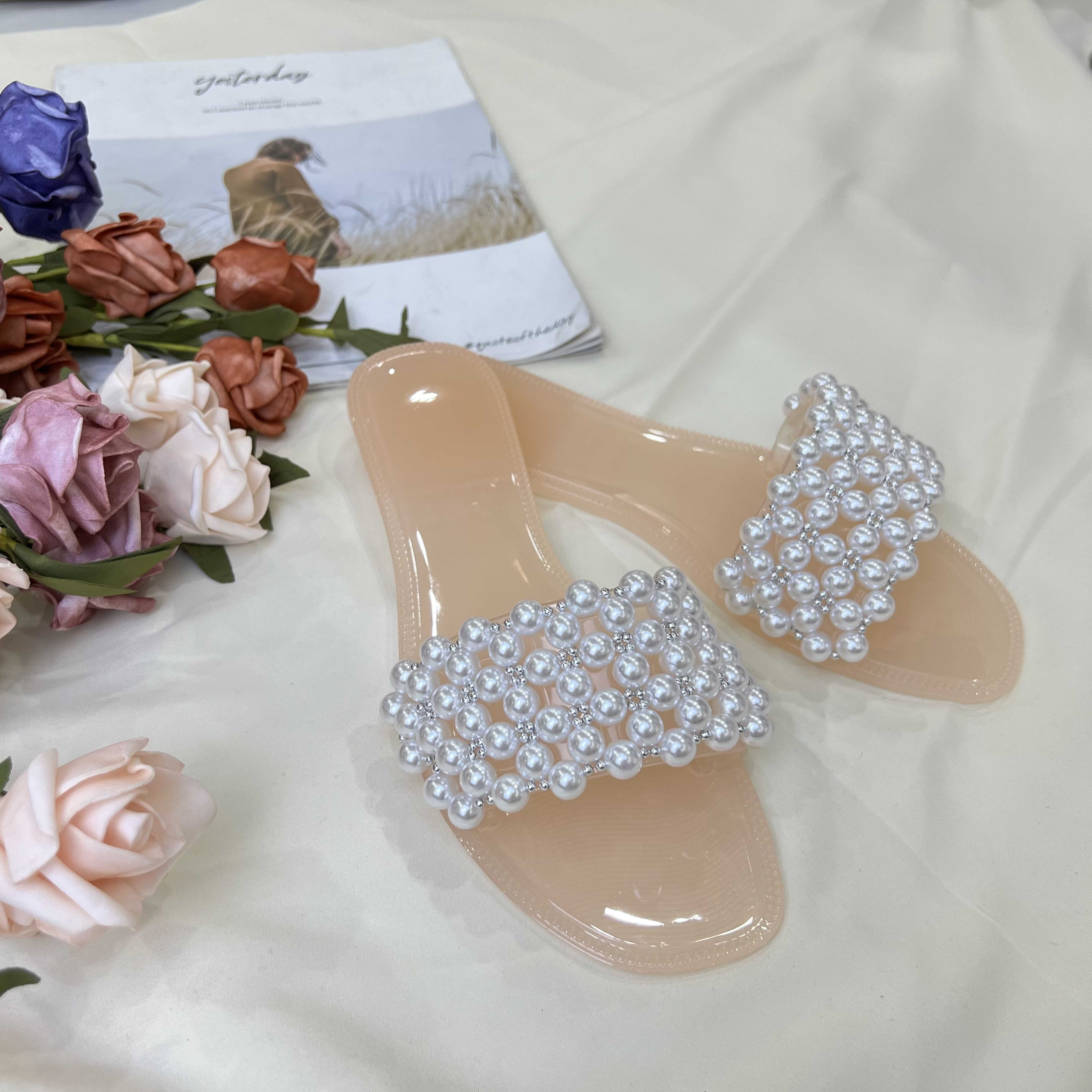 Crystal Jelly Sandals Multi Color Pearl Flat Women Slipper Clear dress shoes for Lady Beach Jelly Slides Slippers OEM