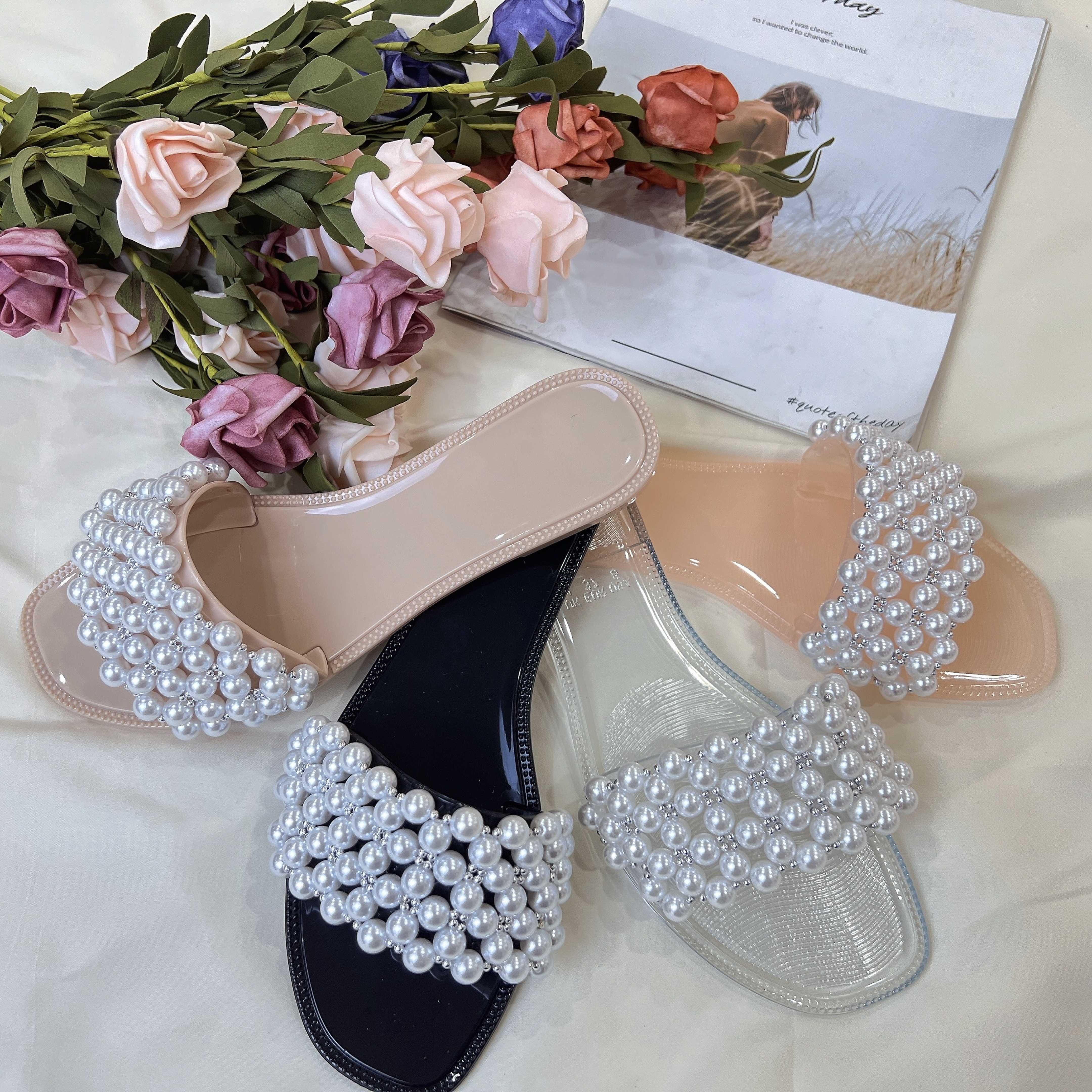 Crystal Jelly Sandals Multi Color Pearl Flat Women Slipper Clear dress shoes for Lady Beach Jelly Slides Slippers OEM