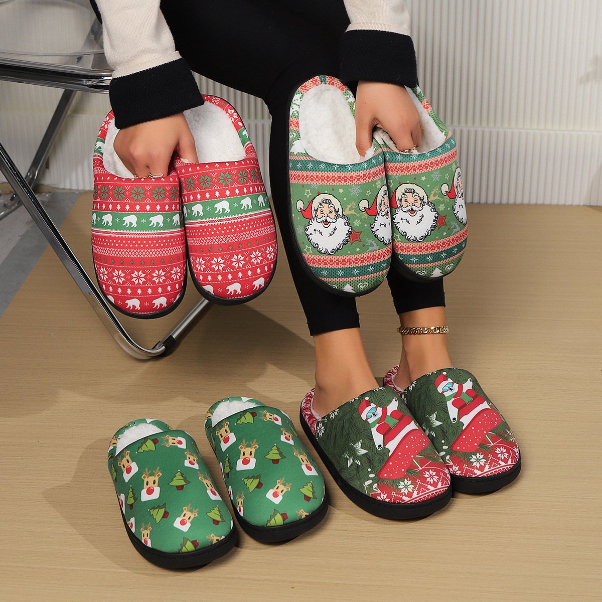 Ruun new Christmas style Cotton Slippers cute cartoon Santa Elk Footwear Soft Fluffy warm winter Indoor xmas gifts womens shoes
