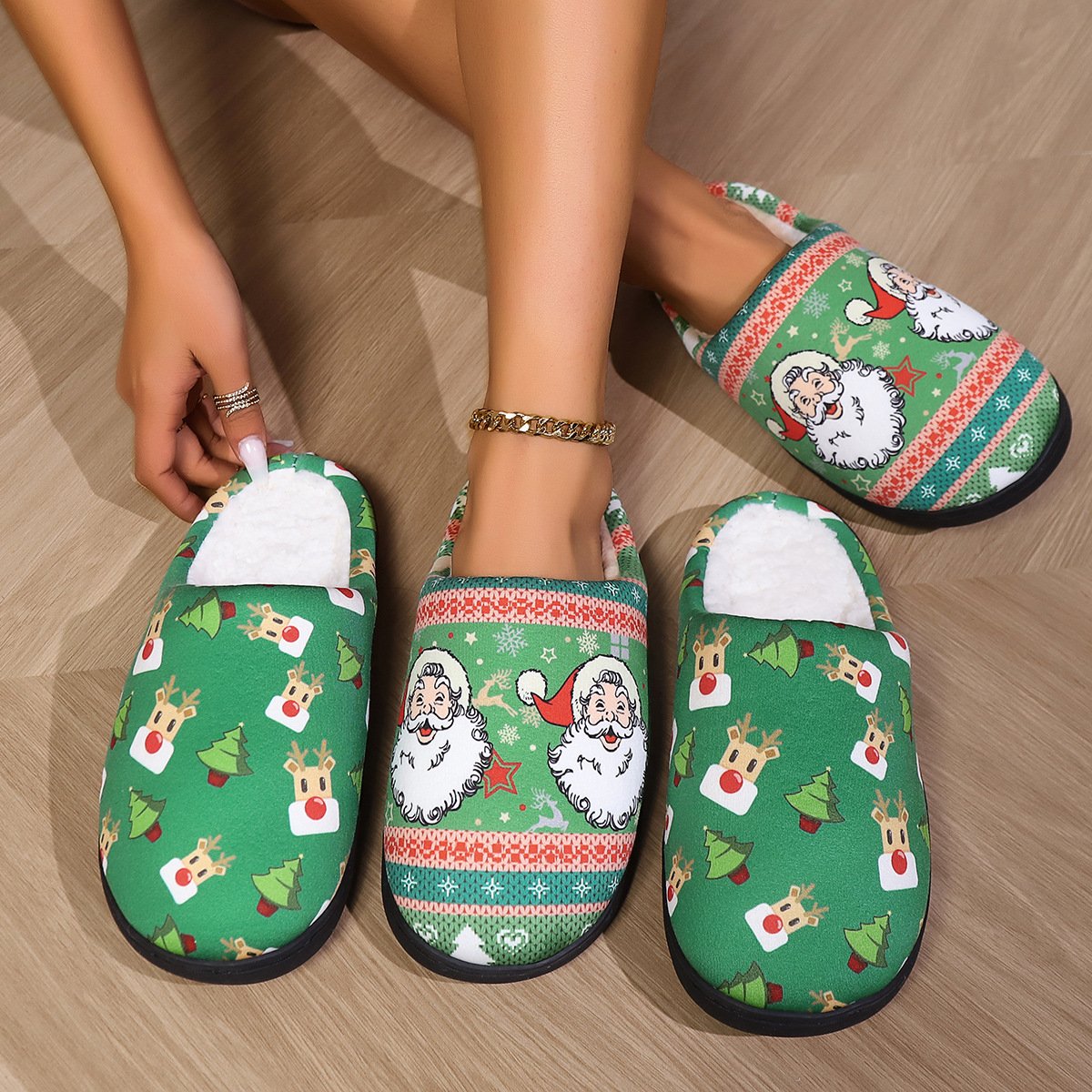 Ruun new Christmas style Cotton Slippers cute cartoon Santa Elk Footwear Soft Fluffy warm winter Indoor xmas gifts womens shoes