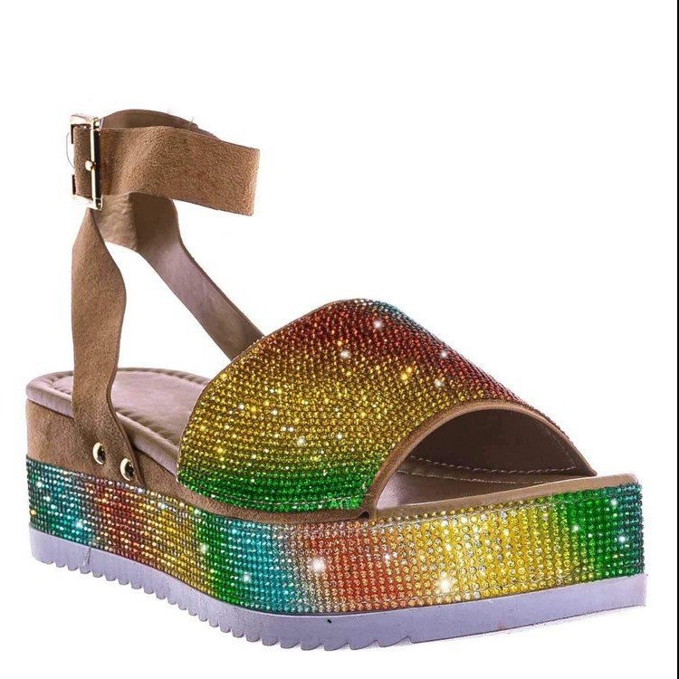 Summer new full rhinestone one-strap platform heel fashion platform sandals for women diamond sandals slides slippers shoes