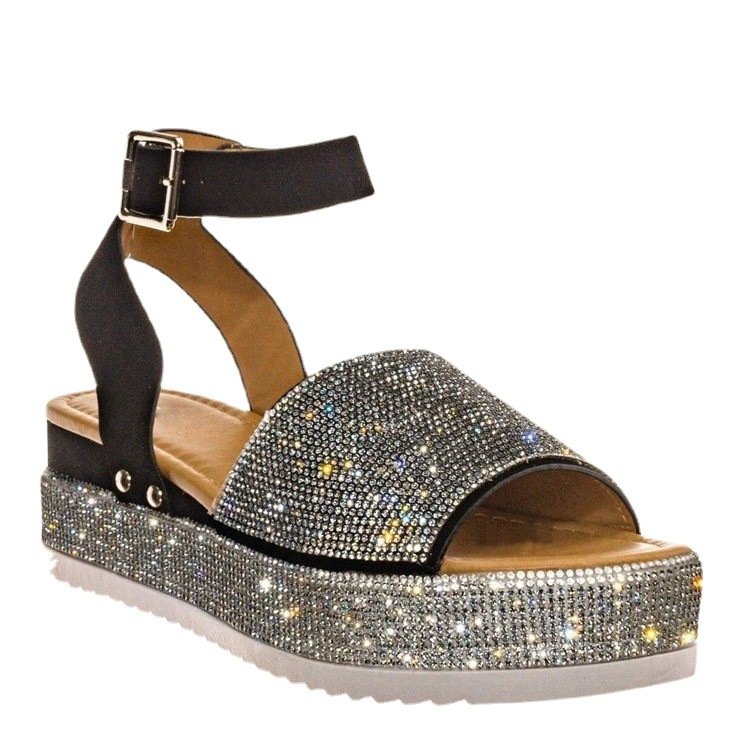 Summer new full rhinestone one-strap platform heel fashion platform sandals for women diamond sandals slides slippers shoes