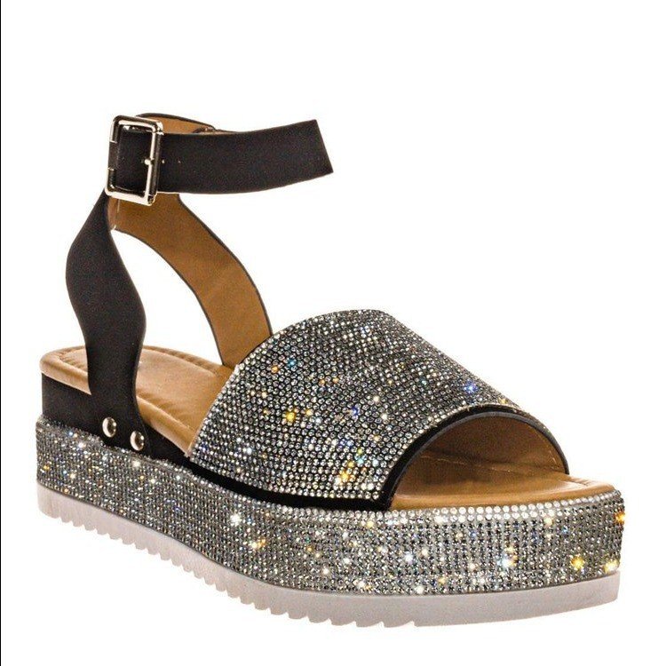 Summer new full rhinestone one-strap platform heel fashion platform sandals for women diamond sandals slides slippers shoes