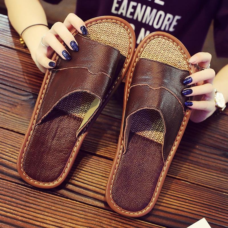 Wholesale Leather Soft Close Toes Slippers For Women Linen Black Slippers Anti Slip Waterproof Slides Slippers Man