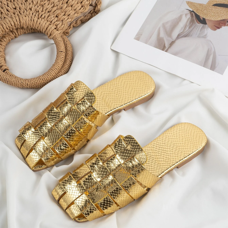 Women's Square toe Metallic Slippers Ladies Beautiful Flat Sandals Women