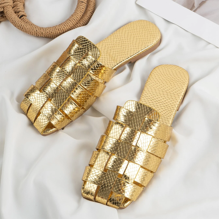 Women's Square toe Metallic Slippers Ladies Beautiful Flat Sandals Women