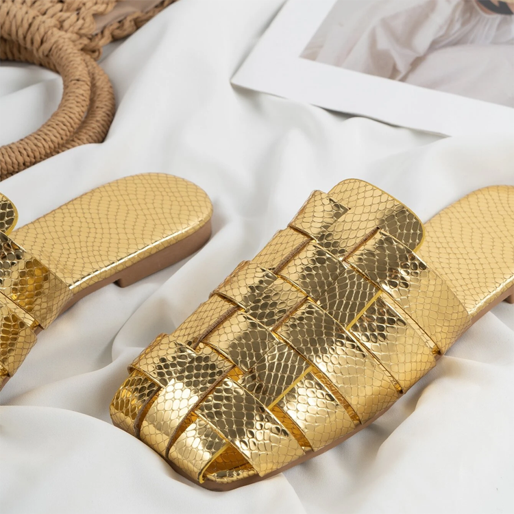 Women's Square toe Metallic Slippers Ladies Beautiful Flat Sandals Women