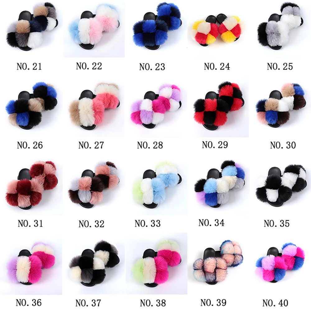 Designer Custom Logo Ball Bearing Multi Color Women Racoon Pink Rex Rabbit Rainbow Pom Pom Fox Fur Ball Slide Slipper
