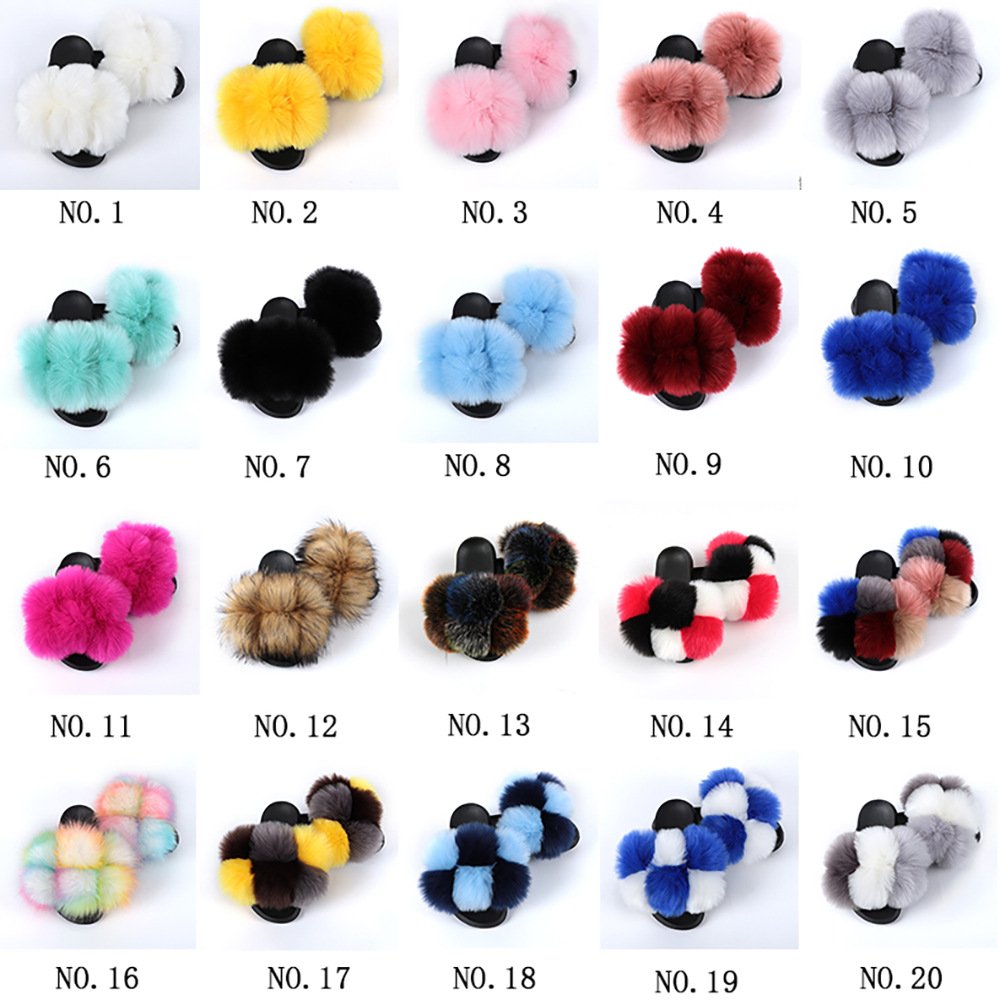 Designer Custom Logo Ball Bearing Multi Color Women Racoon Pink Rex Rabbit Rainbow Pom Pom Fox Fur Ball Slide Slipper
