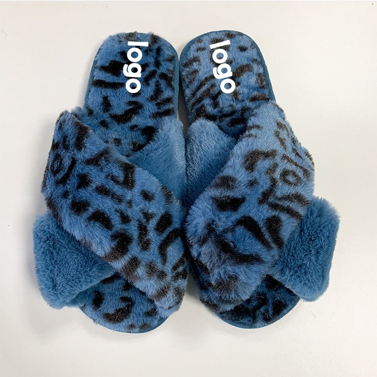 Wholesale Hot Sale Spring Autumn Winter Women's Elegant Leopard Print Indoor Outdoor Furry Cross Strap Slides Slippers