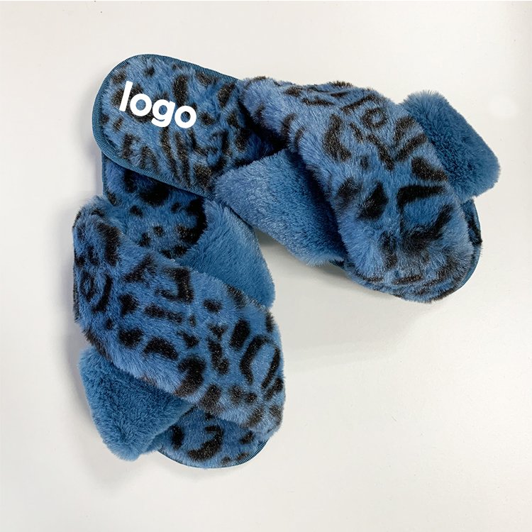 Wholesale Hot Sale Spring Autumn Winter Women's Elegant Leopard Print Indoor Outdoor Furry Cross Strap Slides Slippers