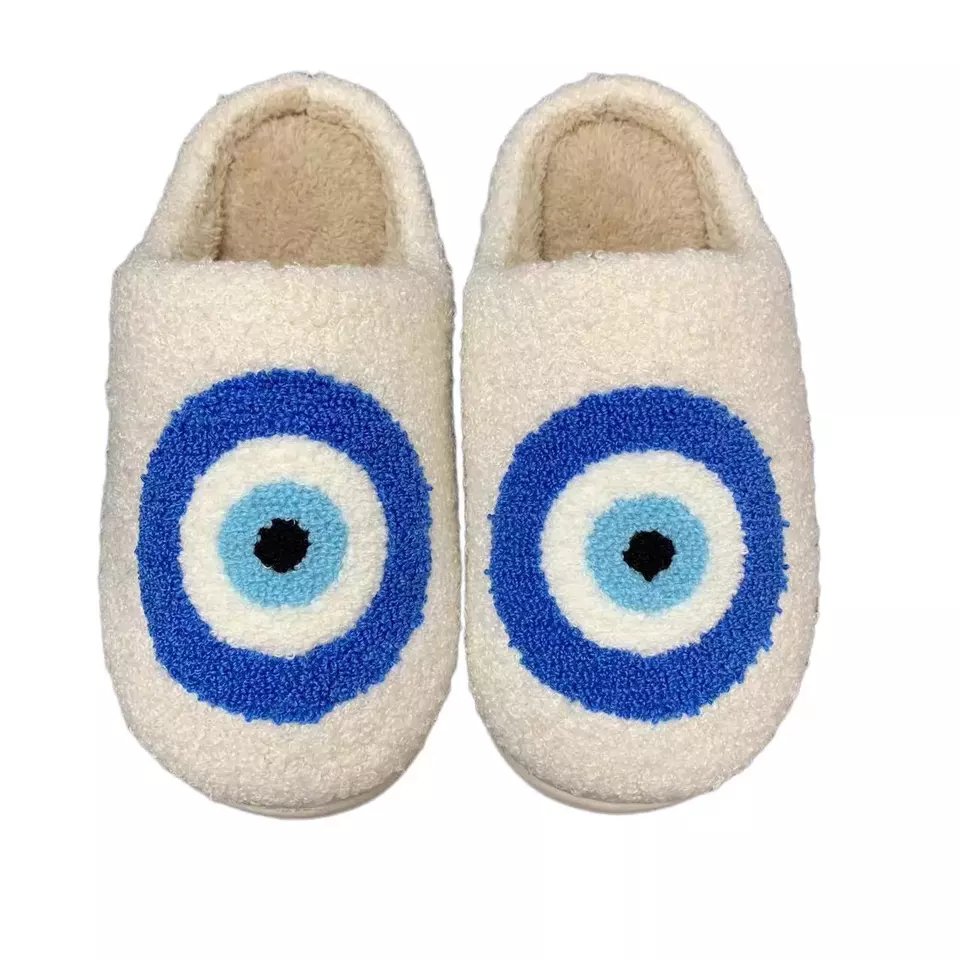 HF cute winter warm indoor home house bedroom cotton flat evil eyes slides slippers for women men