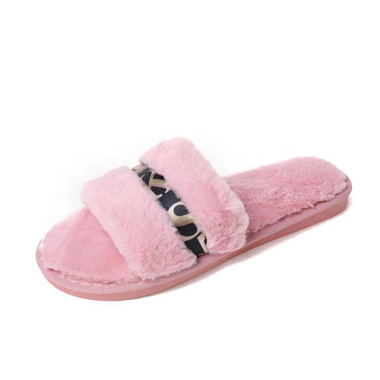 Indoor Outdoor Open Toe Sandals Plush Faux Fur Slippers Luxury Winter Slides Wholesale Glitter Belt Decoration Soft Sole Lady
