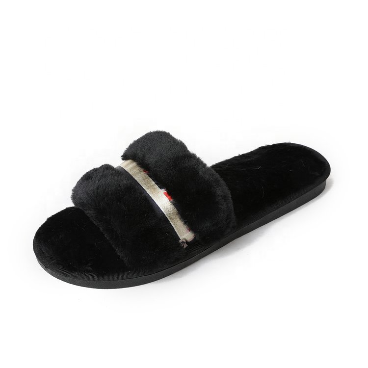 Indoor Outdoor Open Toe Sandals Plush Faux Fur Slippers Luxury Winter Slides Wholesale Glitter Belt Decoration Soft Sole Lady