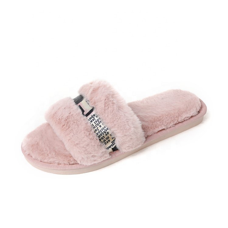 Indoor Outdoor Open Toe Sandals Plush Faux Fur Slippers Luxury Winter Slides Wholesale Glitter Belt Decoration Soft Sole Lady
