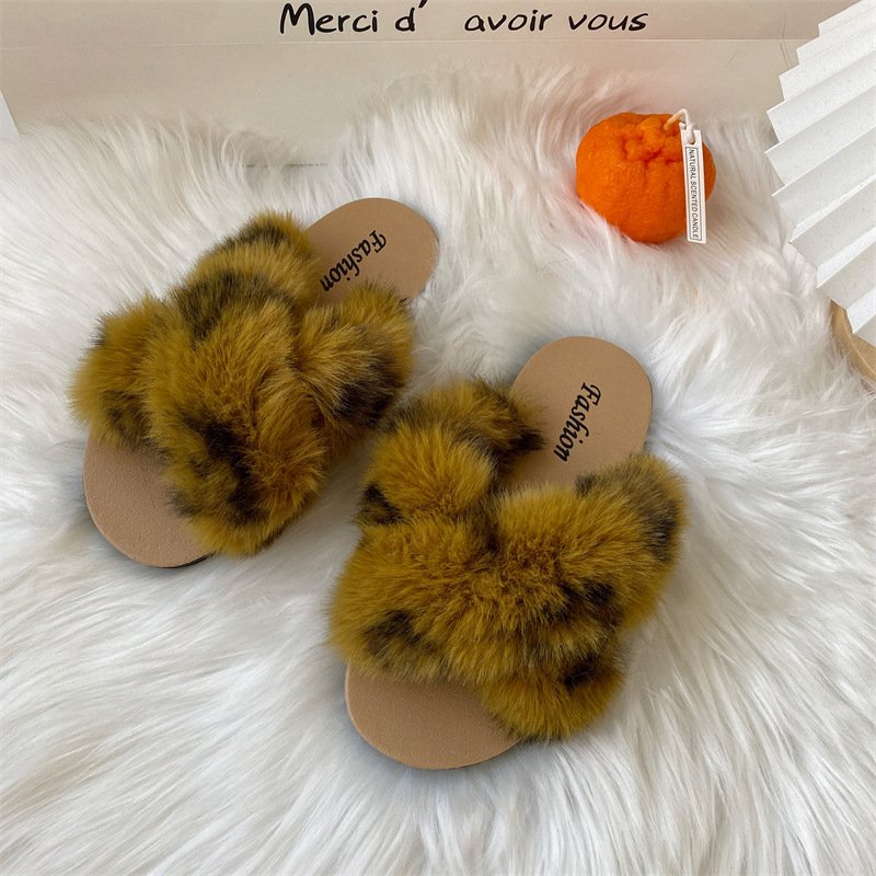 New Arrival Fashion Trend Women Cozy Indoor Outdoor Autumn Winter Leopard Print Fur Slide Slippers