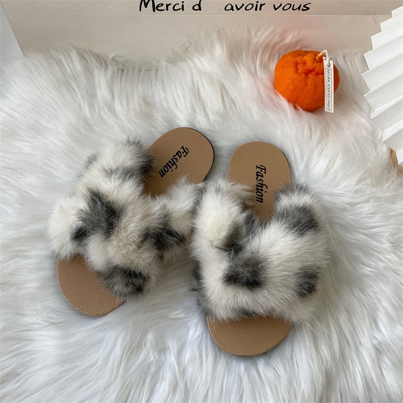 New Arrival Fashion Trend Women Cozy Indoor Outdoor Autumn Winter Leopard Print Fur Slide Slippers