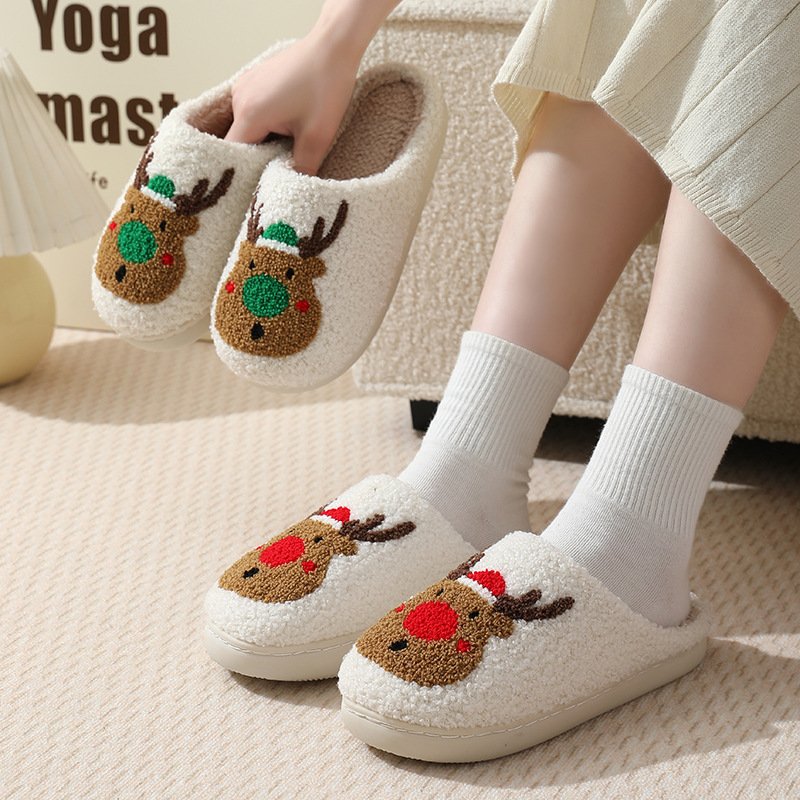 2024 Christmas Fur Slippers Custom Pattern and Color Indoor Couple's Slippers Women's Winter Comfortable Warm Cotton Slippers