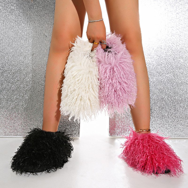 Hot selling Women Curly Long Hair Real Mongolian Sheep Fur Slides Slippers Long hair dragon fruit color