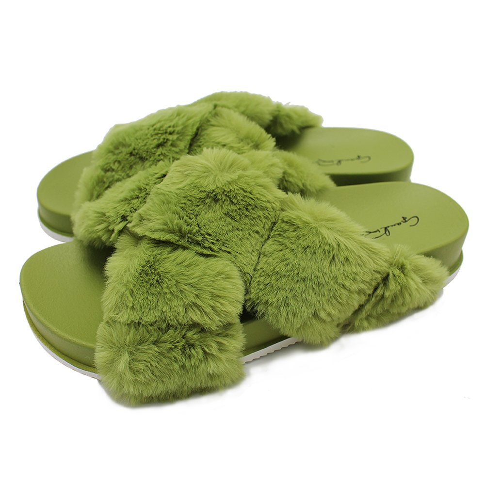 GRS Ex-LA warehouse Lady Winter Fashion Faux Fur Slippers cross upper slide home warm Flat sandal